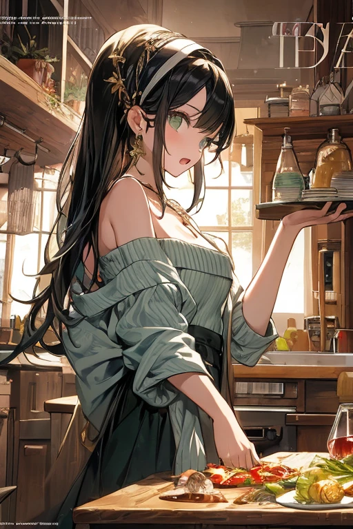 (from above:1.0),(from side:0.9),masterpiece, 1girl, Amazing Cleavage:1.1, thin waist, big ass, Raised sexy, small breast: 1.3, posed cleavage:1.2、solo, looking at viewer, open mouth, have a cute grass of cute beergrass,black hair, dark green eyes, dress, bare shoulders, jewelry, collarbone, sidelocks, hairband, earrings, indoors, off shoulder, :o, sweater, arms behind back, plant, short hair with long locks, gild hairband, off-shoulder dress, sweater dress, off-shoulder sweater, red sweater, dark gord hair, big side hair, very long side hair,is rendered in (masterpiece: 1.2, best quality), with (ultra high resolution) and an exquisite (depth of field). This masterpiece is not only visually stunning but also tells,A scene of cooking in the kitchen by classroom