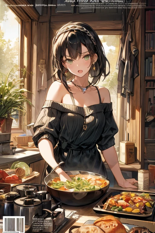 (small breasts:1.3), (perky chest:1.1), (pointed chest:1.0), (fashion magazine cover:1.3),(from below:1.0),(from side:0.9),masterpiece, 1girl, Amazing Cleavage:1.1, thin waist, big ass, Raised sexy, small breast: 1.3, posed cleavage:1.2、solo, looking at viewer, open mouth, have a cute grass of cute beergrass,black hair, dark green eyes, dress, bare shoulders, jewelry, collarbone, sidelocks, hairband, earrings, indoors, off shoulder, :o, sweater, arms behind back, plant, short hair with long locks, gild hairband, off-shoulder dress, sweater dress, off-shoulder sweater, red sweater, dark gord hair, big side hair, very long side hair,is rendered in (masterpiece: 1.2, best quality), with (ultra high resolution) and an exquisite (depth of field). This masterpiece is not only visually stunning but also tells,A scene of cooking in the kitchen by classroom