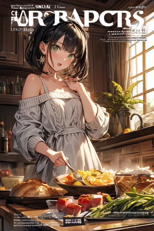 (small breasts:1.3), (perky chest:1.1), (pointed chest:1.0), (fashion magazine cover:1.3),(from below:1.0),(from side:0.9),masterpiece, 1girl, Amazing Cleavage:1.1, thin waist, big ass, Raised sexy, small breast: 1.3, posed cleavage:1.2、solo, looking at viewer, open mouth, have a cute grass of cute beergrass,black hair, dark green eyes, dress, bare shoulders, jewelry, collarbone, sidelocks, hairband, earrings, indoors, off shoulder, :o, sweater, arms behind back, plant, short hair with long locks, gild hairband, off-shoulder dress, sweater dress, off-shoulder sweater, red sweater, dark gord hair, big side hair, very long side hair,is rendered in (masterpiece: 1.2, best quality), with (ultra high resolution) and an exquisite (depth of field). This masterpiece is not only visually stunning but also tells,A scene of cooking in the kitchen by classroom