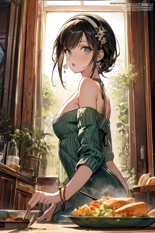 (small breasts:1.3), (perky chest:1.1), (pointed chest:1.0), (fashion magazine cover:1.3)，(from below:1.0),(from side:0.9),masterpiece, 1girl, Amazing Cleavage:1.1, thin waist, big ass, Raised sexy, small breast: 1.3, posed cleavage:1.2、solo, looking at viewer, open mouth, have a cute grass of cute beergrass,black hair, dark green eyes, dress, bare shoulders, jewelry, collarbone, sidelocks, hairband, earrings, indoors, off shoulder, :o, sweater, arms behind back, plant, short hair with long locks, gild hairband, off-shoulder dress, sweater dress, off-shoulder sweater, red sweater, dark gord hair, big side hair, very long side hair,is rendered in (masterpiece: 1.2, best quality), with (ultra high resolution) and an exquisite (depth of field). This masterpiece is not only visually stunning but also tells,A scene of cooking in the kitchen by classroom
