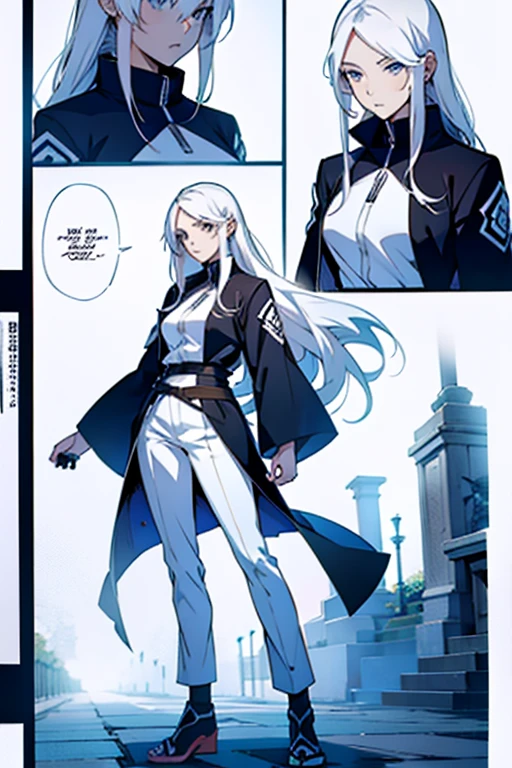 Girl with long white hair ,full body shots,  manga page with panels and dialogue 