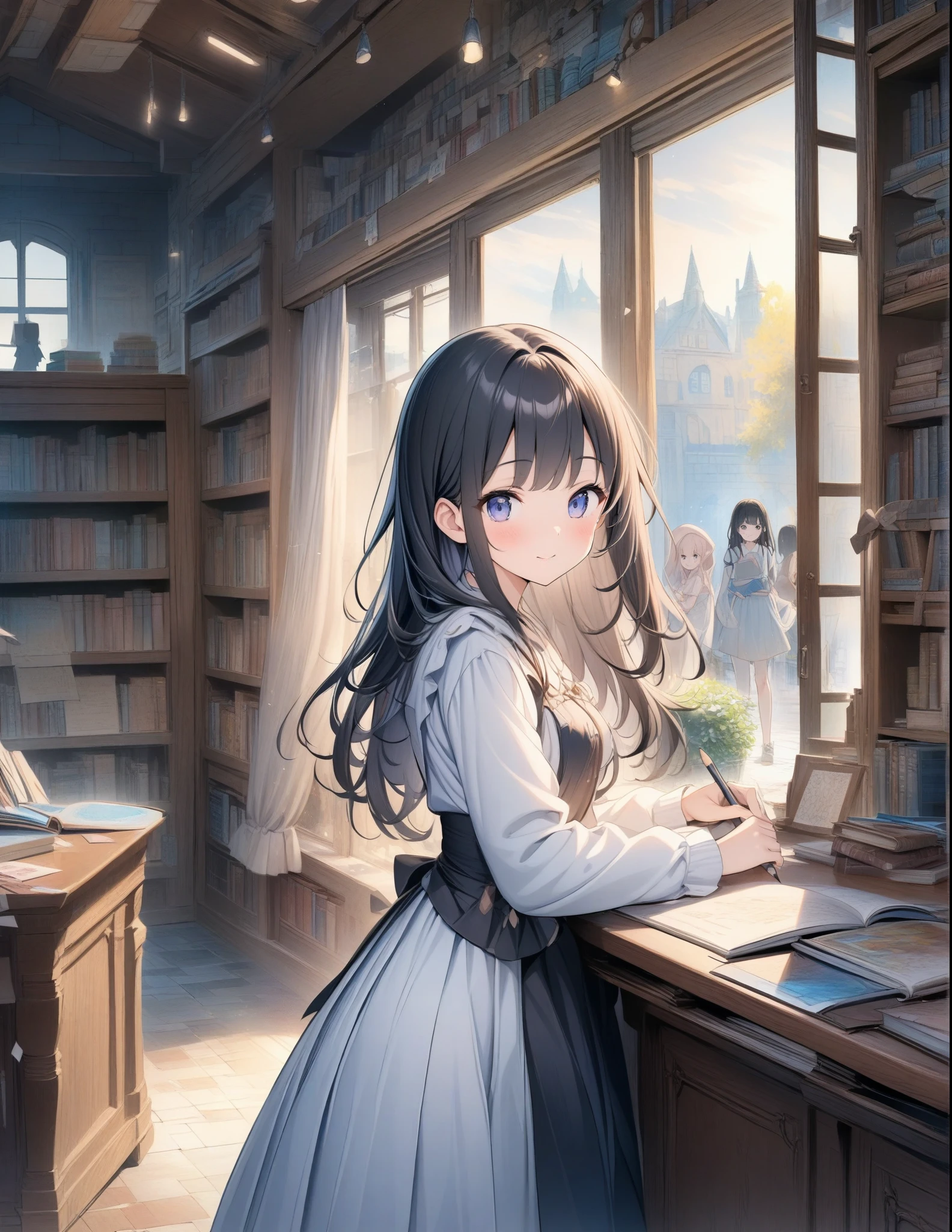 ((style:Colored pencil,pale colour)),(anime)、(masterpiece:1.2),Old bookstore、Another world view、Girl looking for a book、Otherworldly costumes、clear、Black Hair、cute、The light is coming in through the window and the dust is shining like streaks of light.、Light production、Nostalgic atmosphere