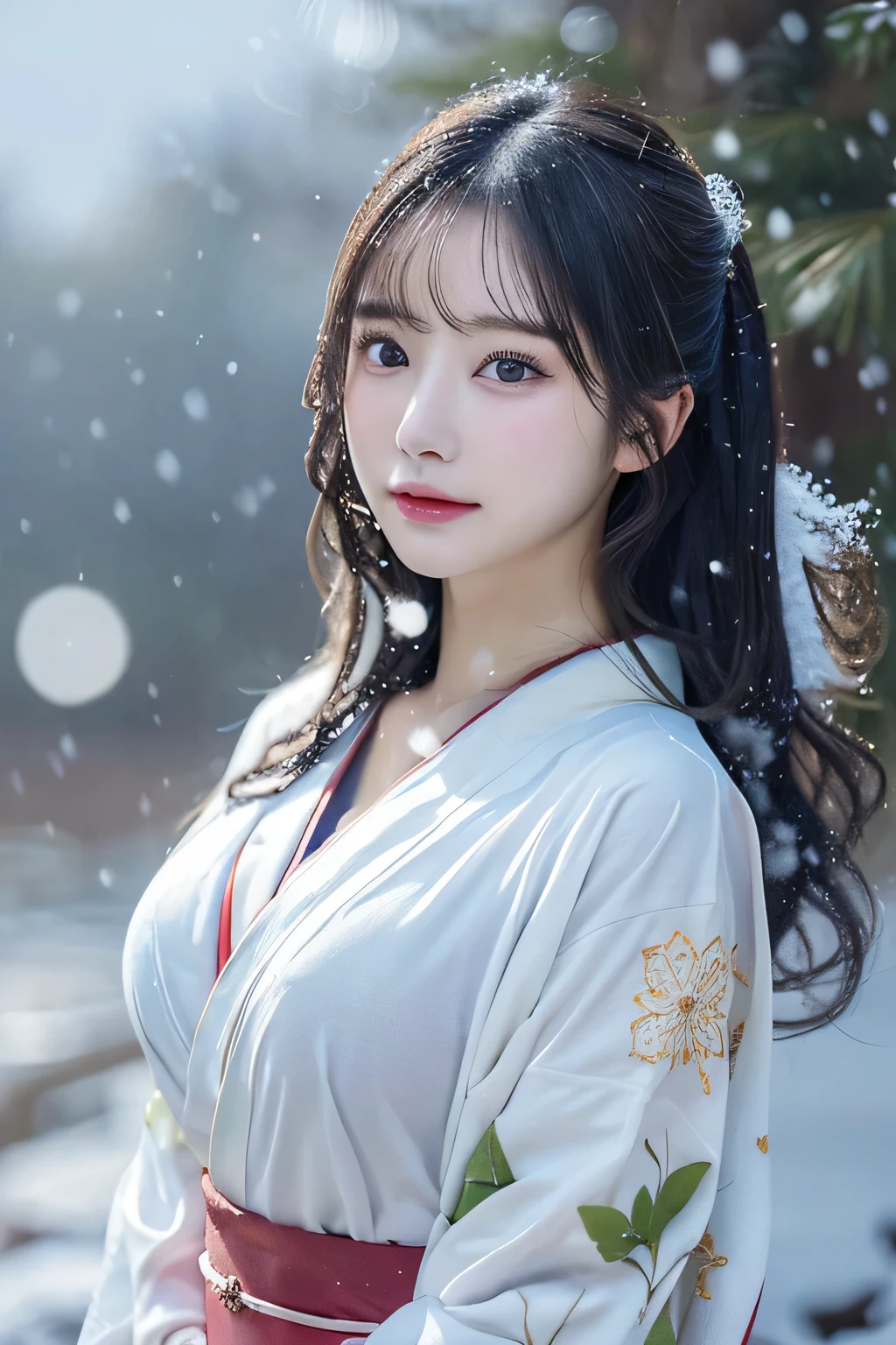 (Kimono)、、(top-quality,masterpiece:1.3,超A high resolution,),(ultra-detailliert,Caustics),(Photorealsitic:1.4,RAW shooting,)Ultra-realistic capture,A highly detailed,high-definition16Kfor human skin、 Skin texture is natural、、The skin looks healthy with an even tone、 Use natural light and color,One Woman,japanes,,kawaii,A dark-haired,Middle hair,(depth of fields、chromatic abberation、、Wide range of lighting、Natural Shading、)、、(Falling snow:1.3)、(Hair swaying in the wind:1.3)、(Snow reflects light:1.3) 、(Large Breasts:1.3)、