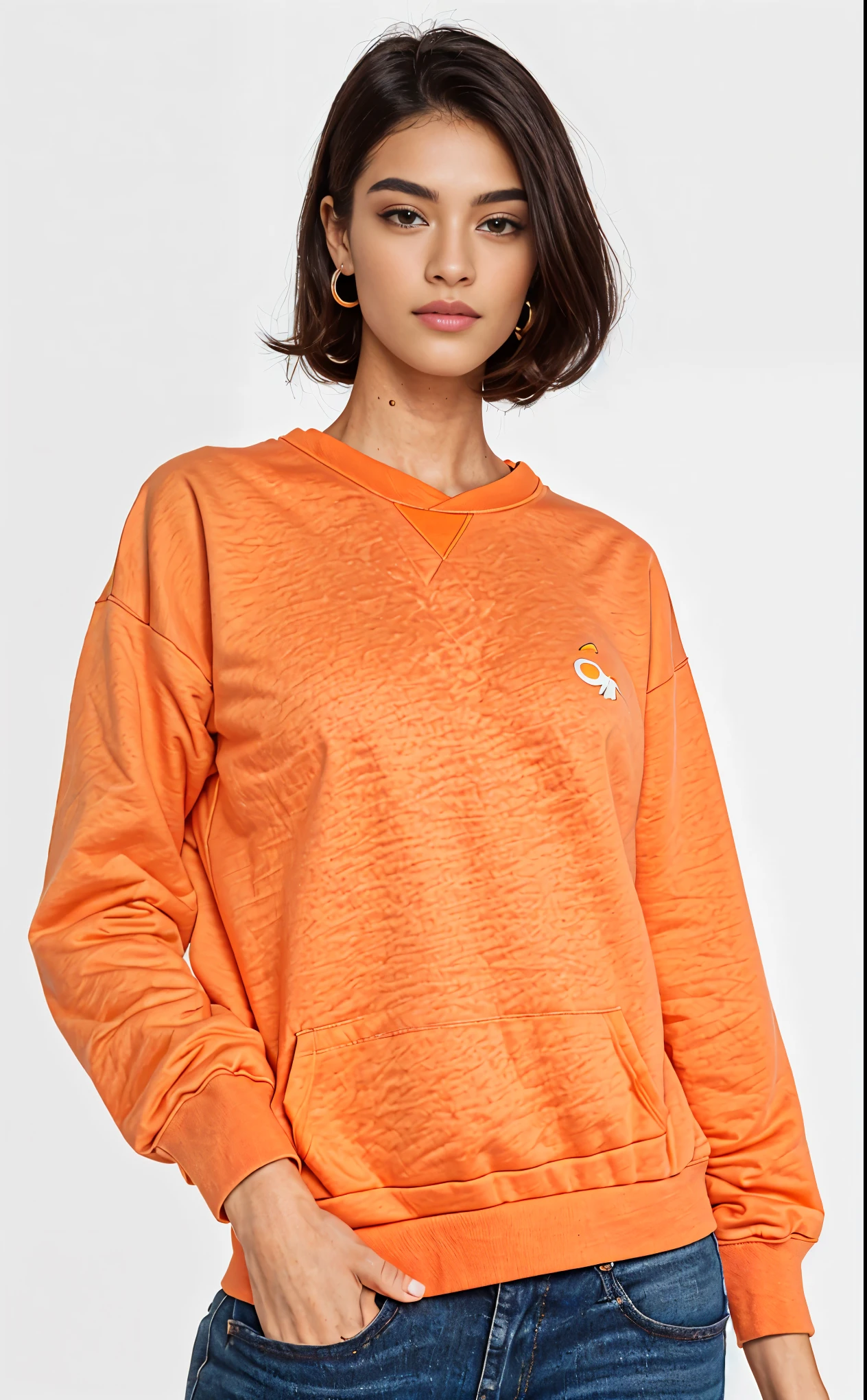 a woman in an Laranja sweatshirt posing for a picture, long Laranja sweatshirt, Manga compridas, neon Laranja, wearing an Laranja t shirt, wearing an Laranja t-shirt, Laranja hue, Laranja neon, Laranja color, Laranja hoodie, dark Laranja, Laranja, very Laranja, Manga comprida, vibrant Laranja, vibrant but dreary Laranja, com ombreiras, basic, mangas bufantes