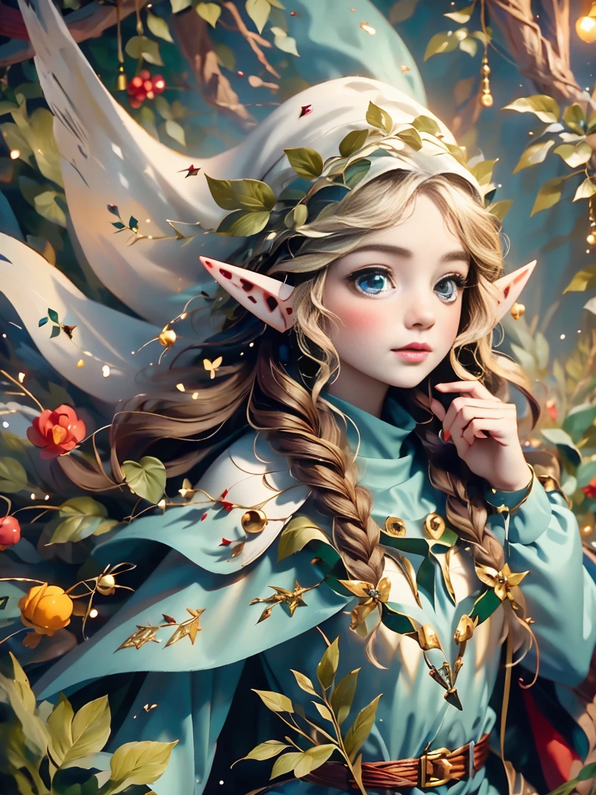 1girl, (Elf Magician:1.5)，Magic energy gathers in the palm of your hand, Autumn braids and cape flying in the wind, The delicate leaf-shaped armor shimmers in the mysterious forest mist behind her, A wolf stood firmly beside her, Prepare for an adventure, Dynamic fantasy scenery, Radiant lighting