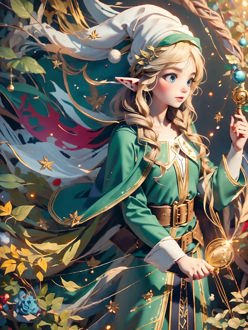 1girl, (Elf Magician:1.5)，Magic energy gathers in the palm of your hand, Autumn braids and cape flying in the wind, The delicate leaf-shaped armor shimmers in the mysterious forest mist behind her, A wolf stood firmly beside her, Prepare for an adventure, Dynamic fantasy scenery, Radiant lighting