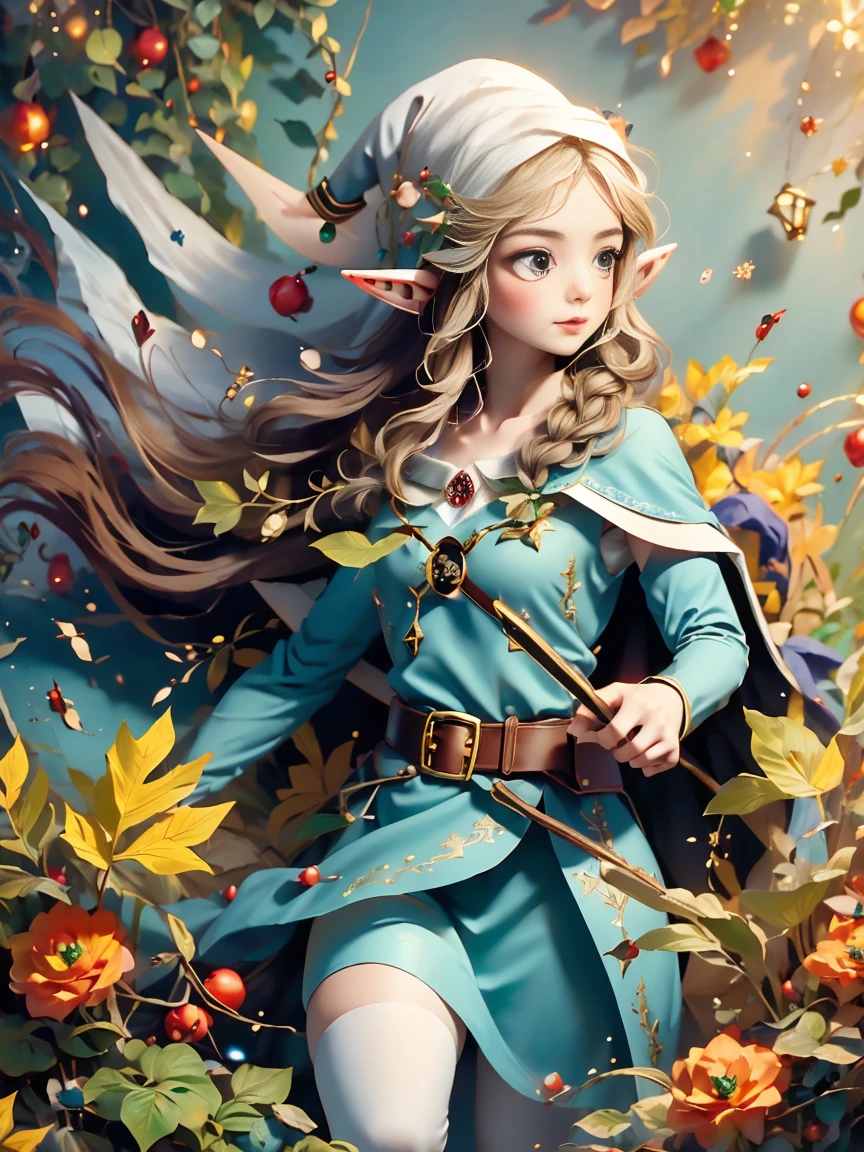 1girl, (Elf Magician:1.5)，Magic energy gathers in the palm of your hand, Autumn braids and cape flying in the wind, The delicate leaf-shaped armor shimmers in the mysterious forest mist behind her, A wolf stood firmly beside her, Prepare for an adventure, Dynamic fantasy scenery, Radiant lighting