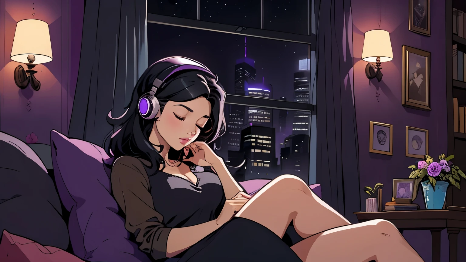 Beautiful woman in her 30s with black hair is sitting on the sofa with her eyes closed. and wearing headphones listening to music. Looking down, eyes closed, LOFI girl, alone in the room, V-neck blouse, cozy wallpaper, big cushion, bookshelf, beautiful flowers, relaxing mood, night core, cozy, wide glass window with skyscrapers, outside view at night, only five fingers, dark room, purple wall,