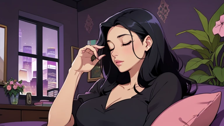 Beautiful woman in her 30s with black hair is sitting on the sofa with her eyes closed. Looking down, eyes closed, LOFI girl, alone in the room, V-neck blouse, cozy wallpaper, big cushion, bookshelf, beautiful flowers, relaxing mood, night core, cozy, wide glass window with skyscrapers, outside view at night, only five fingers, dark room, purple wall,