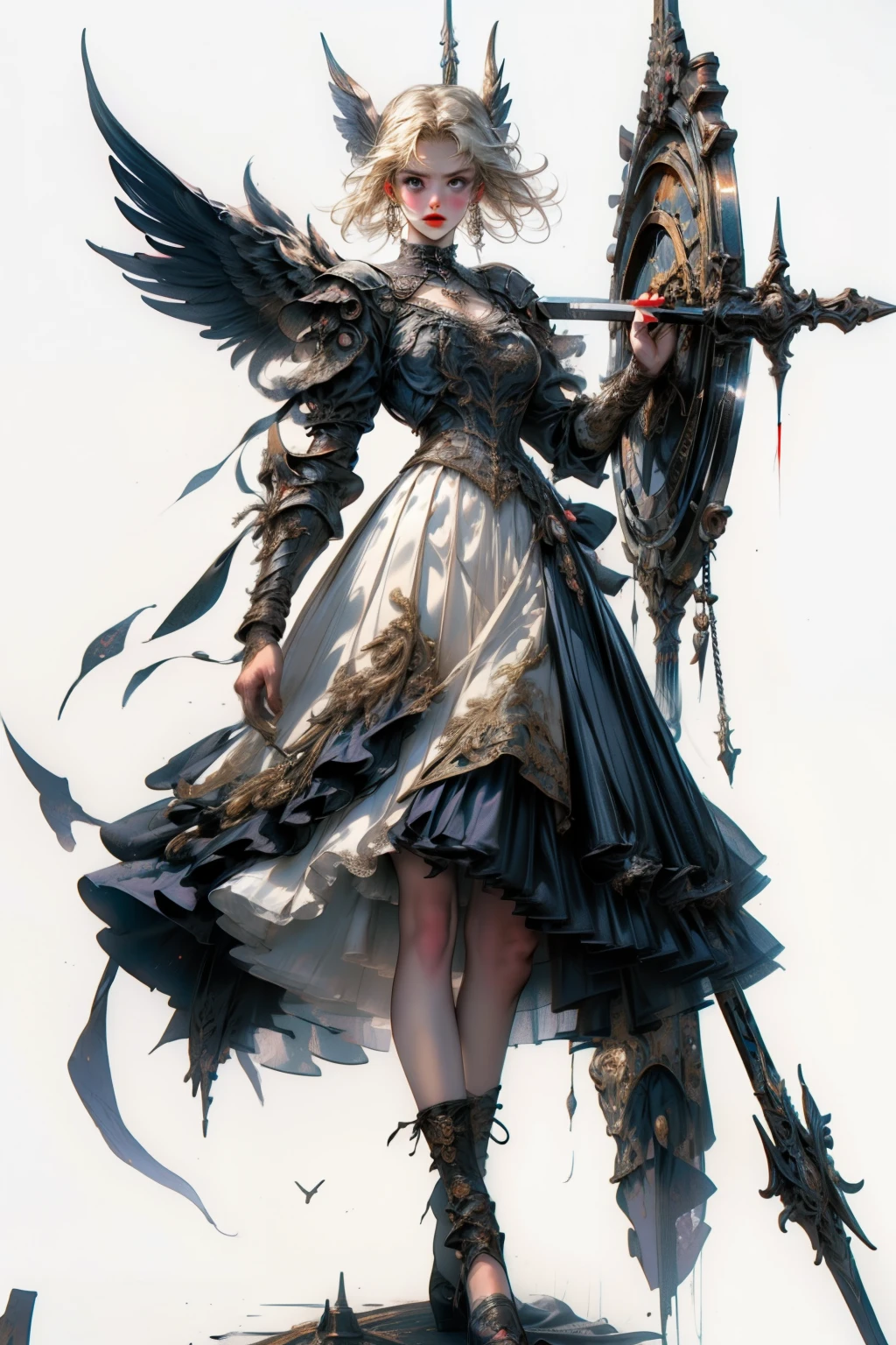 ((best quality)), ((masterpiece)), (detailed), blank white background, plain background, white background, Bloodborne inspired, occult aesthetic, occult, detailed and intricate steampunk and detailed gothic, NSFW, Very dramatic and cinematic lighting, cosmic horror, grim-dark, side-lighting, perfect face, a beaituful goddess valkyrie adorned and enshrined in armour, Bloodborne inspired valkyrie, occult aesthetic valkyrie, occult valkyrie, detailed and intricate steampunk and detailed gothic valkyrie, wielding a sword and holding a shield, NSFW, Fluttering lace flared long knee length dress with frilly petticoats, knee length dress, pleated petticoats, ta dress, petticoats gothic loliside-lighting, gothic lolita aetic, beautiful small breasts, small breasts, full body, whole body, body, plain background, white background, blank background, no background, white background NSFW, full body, whole body, head-to-toe