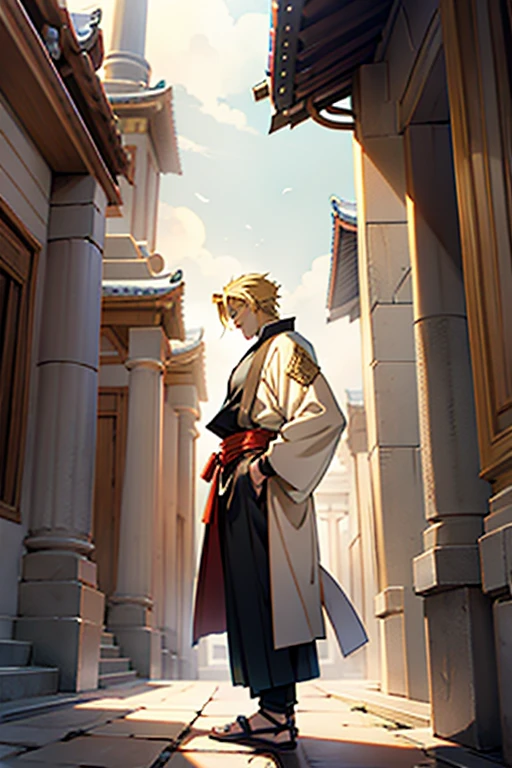 Anime guy with blonde hair talking to the elders of the temple ,full body shots,  manga page with panels and dialogue 