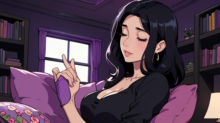 Beautiful woman in her 30s with black hair is sitting on the sofa with her eyes closed. Looking down, eyes closed, LOFI girl, alone in the room, V-neck blouse, cozy wallpaper, big cushion, bookshelf, beautiful flowers, relaxing mood, night core, cozy, wide glass window with skyscrapers, outside view at night, only five fingers, dark room, purple wall,