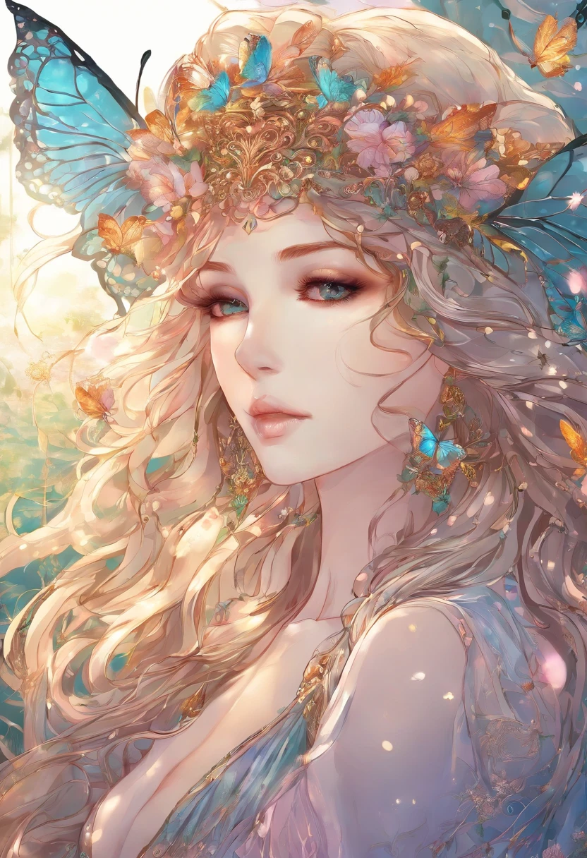 high quality、8k、Photorealistic、masterpiece、Super detailed、Cinematic lighting、dramatic、ether、elegant、Titania, the Graceful Fairy Queen、Very proud、Stunningly beautiful、Butterfly Wings、Ideal ratio、Intricate details、Fantasy、mysterious、Flowing Dress、Ornate headdress、Shining Aura、Calm expression、Bright colors、Chiaroscuro Lighting、Lush foliage background