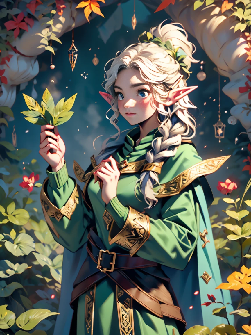 1girl, (Elf Magician:1.5)，Magic energy gathers in the palm of your hand, Autumn braids and cape flying in the wind, The delicate leaf-shaped armor shimmers in the mysterious forest mist behind her, A wolf stood firmly beside her, Prepare for an adventure, Dynamic fantasy scenery, Radiant lighting