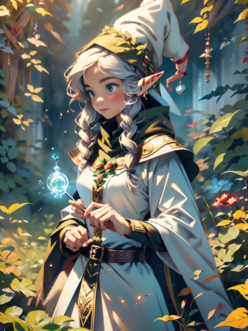 1girl, (Elf Magician:1.5)，Magic energy gathers in the palm of your hand, Autumn braids and cape flying in the wind, The delicate leaf-shaped armor shimmers in the mysterious forest mist behind her, A wolf stood firmly beside her, Prepare for an adventure, Dynamic fantasy scenery, Radiant lighting