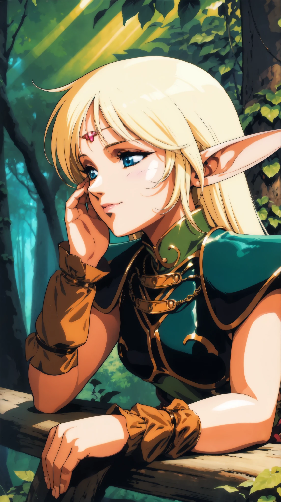 (highest quality:1.2, 4K, 8k, Studio Anime, Very detailed, Latest, Vibrant, High detail, High Contrast, masterpiece:1.2, highest quality, Best aesthetics), (((1 girl))),beautiful details face, Beautiful detailedEyes ,alone, Pointed Ears, Blonde Hair, Fairy, Long Hair, blue eyes, skinny, A kind smile,Looking down, Traditional Media,profile, No sleeve, Circlet, (Cowboy Shot:1.3), Film Grain, forest, Blurred Background, (Bokeh:1.2), Lens flare, (Vibrant_color:1.2),Fantasy Illustration, (Well-proportioned face:1.1),