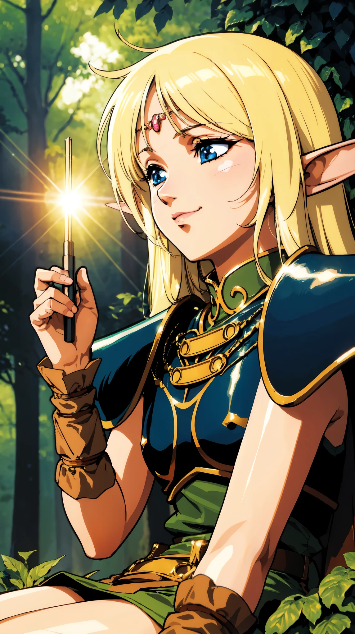 (highest quality:1.2, 4K, 8k, Studio Anime, Very detailed, Latest, Vibrant, High detail, High Contrast, masterpiece:1.2, highest quality, Best aesthetics), (((1 girl))),beautiful details face, Beautiful detailedEyes ,alone, Pointed Ears, Blonde Hair, Fairy, Long Hair, blue eyes, skinny, A kind smile,Looking down, Traditional Media,profile, No sleeve, Circlet, (Front view:1.3, squat, sit), Film Grain, forest, Blurred Background, (Bokeh:1.2), Lens flare, (Vibrant_color:1.2),Fantasy Illustration, (Well-proportioned face:1.1),