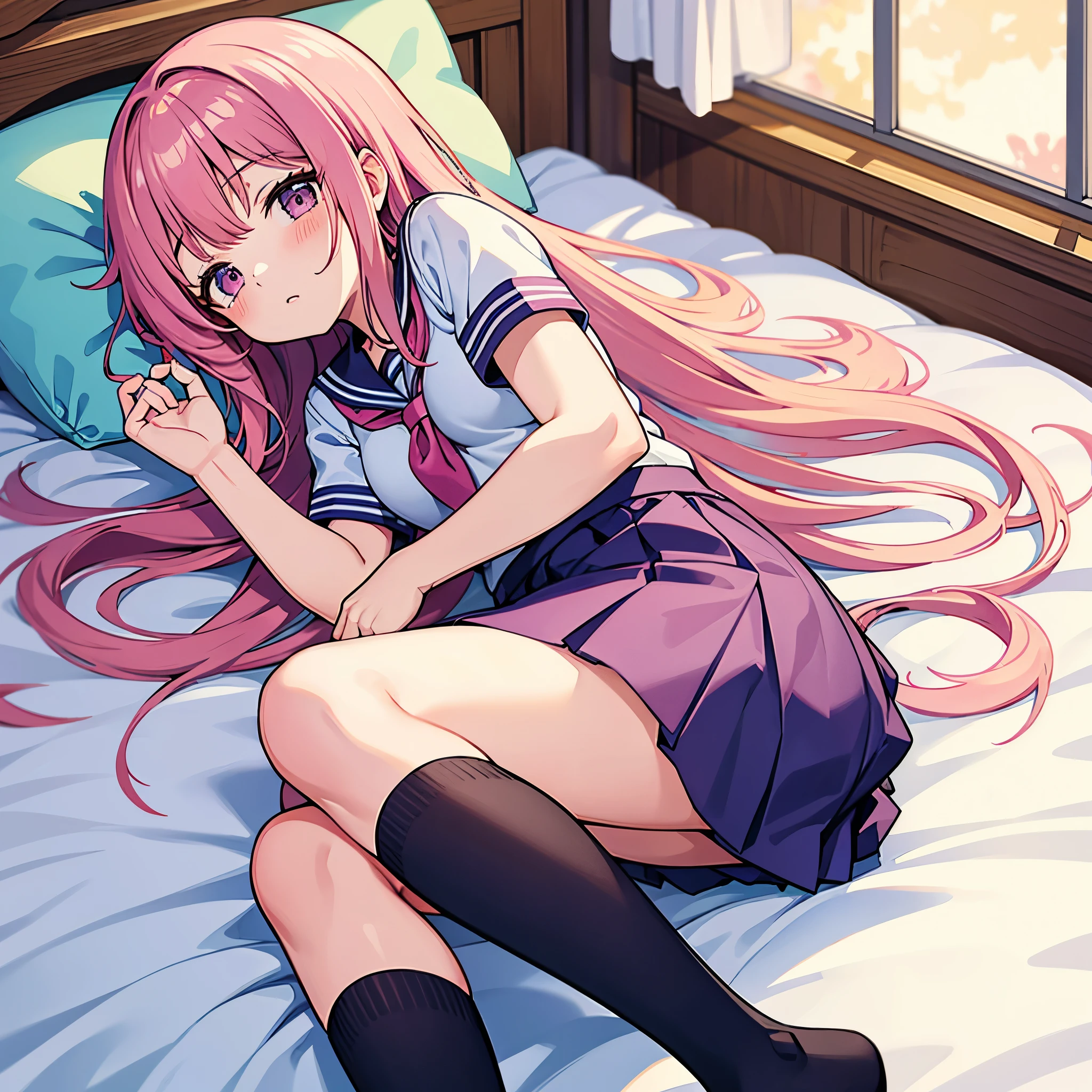 A pink-haired high school girl in a sailor uniform who is feeling unwell is lying on a bed in the nurse's office.