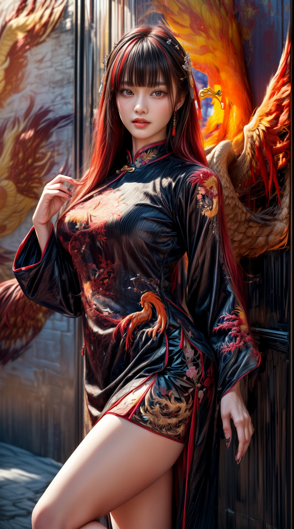 Mature Woman、(Red hair)、((Black Hair))、(((Two-tone hair)))、(((A Chinese dress with delicate embroidery of phoenixes)))、((((A wall painted with a phoenix))))、Slender women、Cute Woman、 8K Ultra HD,Detailed face、Delicate texture, Long Hair、(((Blunt bangs)))、Thigh-length stockings、Kung Fu Shoes、mini skirt、Chinese atmosphere、((Delicate photo))，(Girl Astepeace RAW Photo Details:1.25), (highest quality:1.6), (超A high resolution:1.5), (Realistic:1.75), 8K resolution, Canon EOS R5, 50mm, Absurd, Very detailed,Cinema Lighting