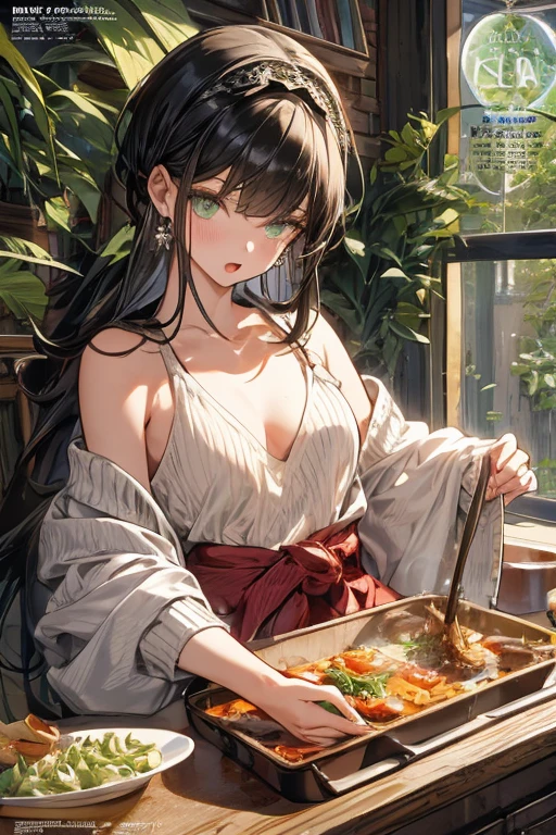 (small :1.3), (perky :1.1), (pointed :1.0), (fashion magazine cover:1.3)，(from below:1.0),(from side:0.9),masterpiece, 1girl, Amazing Cleavage:1.1, thin waist, big , Raised , small : 1.3, posed cleavage:1.2、solo, looking at viewer, open mouth, have a cute grass of cute beergrass,black hair, dark green eyes, dress,  shoulders, jewelry, collarbone, sidelocks, hairband, earrings, indoors, off shoulder, :o, sweater, arms behind back, plant, short hair with long locks, gild hairband, off-shoulder dress, sweater dress, off-shoulder sweater, red sweater, dark gord hair, big side hair, very long side hair,is rendered in (masterpiece: 1.2, best quality), with (ultra high resolution) and an exquisite (depth of field). This masterpiece is not only visually stunning but also tells,A scene of cooking in the kitchen by classroom
