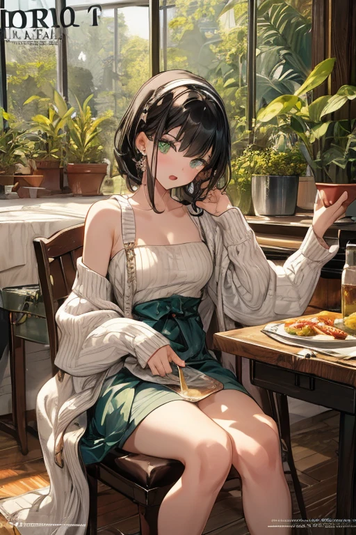 (small breasts:1.3), (perky chest:1.1), (pointed chest:1.0), (fashion magazine cover:1.3),(from below:1.0),(from side:0.9),masterpiece, 1girl, Amazing Cleavage:1.1, thin waist, big ass, Raised sexy, small breast: 1.3, posed cleavage:1.2、solo, looking at viewer, open mouth, have a cute grass of cute beergrass,black hair, dark green eyes, dress, bare shoulders, jewelry, collarbone, sidelocks, hairband, earrings, indoors, off shoulder, :o, sweater, arms behind back, plant, short hair with long locks, gild hairband, off-shoulder dress, sweater dress, off-shoulder sweater, red sweater, dark gord hair, big side hair, very long side hair,is rendered in (masterpiece: 1.2, best quality), with (ultra high resolution) and an exquisite (depth of field). This masterpiece is not only visually stunning but also tells,A scene of cooking in the kitchen by classroom