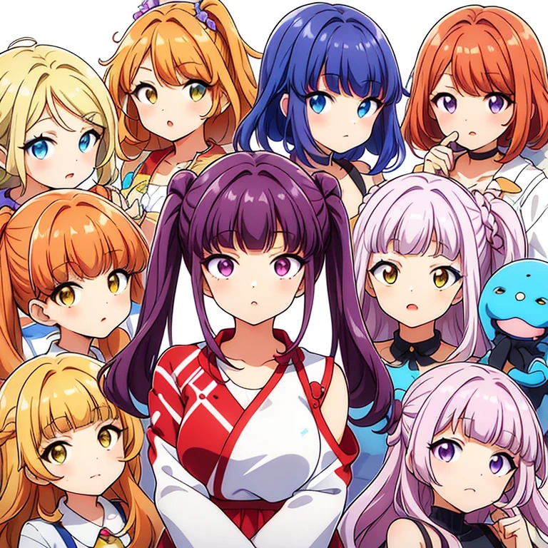 9 Girls, White Background,  Various characters, Multiple Views, (head close up, Portraiture, Mugshot), good, Exposing shoulders, bikini, Different hair colors, Various Hair Styles, 
Twin tail hairstyle, 
ponytail, wavy
longhair, 
goodid, 
Parted bangs, 
ハイponytail, 
ローponytail, 
Big Hair, Cornrows, 
Hair Bun, 
Hair Ring, 
Half-up hairstyle, 
Diagonal bangs, 
Two Side Up Hair, 
Reverse hair, 
Blunt bangs, 

Hair color with warm tones, 
Cool tone hair color, 
Brown Hair Color, 
Red Hair Color, 
Yellow hair color, 
white hair color, 
Purple hair color, 
Blue Hair Color,