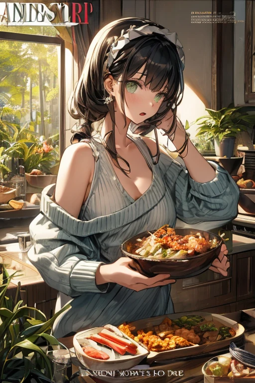 (small breasts:1.3), (perky chest:1.1), (pointed chest:1.0), (fashion magazine cover:1.3),(from below:1.0),(from side:0.9),masterpiece, 1girl, Amazing Cleavage:1.1, thin waist, big ass, Raised sexy, small breast: 1.3, posed cleavage:1.2、solo, looking at viewer, open mouth, have a cute grass of cute beergrass,black hair, dark green eyes, dress, bare shoulders, jewelry, collarbone, sidelocks, hairband, earrings, indoors, off shoulder, :o, sweater, arms behind back, plant, short hair with long locks, gild hairband, off-shoulder dress, sweater dress, off-shoulder sweater, red sweater, dark gord hair, big side hair, very long side hair,is rendered in (masterpiece: 1.2, best quality), with (ultra high resolution) and an exquisite (depth of field). This masterpiece is not only visually stunning but also tells,A scene of cooking in the kitchen by classroom