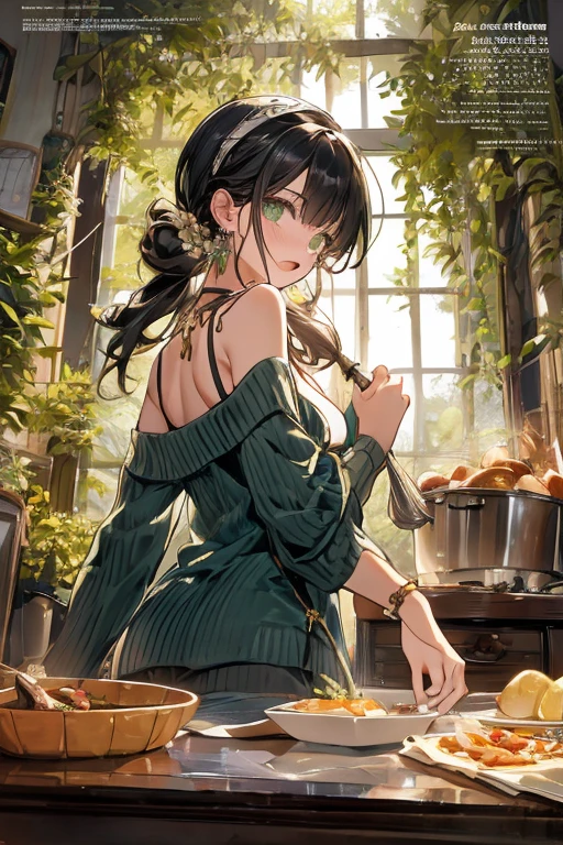 (small breasts:1.3), (perky chest:1.1), (pointed chest:1.0), (fashion magazine cover:1.3),(from below:1.0),(from side:0.9),masterpiece, 1girl, Amazing Cleavage:1.1, thin waist, big ass, Raised sexy, small breast: 1.3, posed cleavage:1.2、solo, looking at viewer, open mouth, have a cute grass of cute beergrass,black hair, dark green eyes, dress, bare shoulders, jewelry, collarbone, sidelocks, hairband, earrings, indoors, off shoulder, :o, sweater, arms behind back, plant, short hair with long locks, gild hairband, off-shoulder dress, sweater dress, off-shoulder sweater, red sweater, dark gord hair, big side hair, very long side hair,is rendered in (masterpiece: 1.2, best quality), with (ultra high resolution) and an exquisite (depth of field). This masterpiece is not only visually stunning but also tells,A scene of cooking in the kitchen by classroom