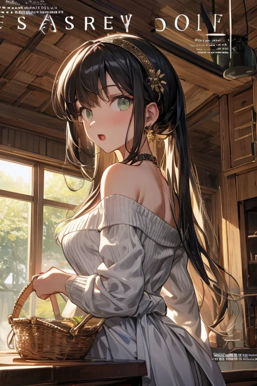 (small breasts:1.3), (perky chest:1.1), (pointed chest:1.0), (fashion magazine cover:1.3),(from below:1.0),(from side:0.9),masterpiece, 1girl, Amazing Cleavage:1.1, thin waist, big ass, Raised sexy, small breast: 1.3, posed cleavage:1.2、solo, looking at viewer, open mouth, have a cute grass of cute beergrass,black hair, dark green eyes, dress, bare shoulders, jewelry, collarbone, sidelocks, hairband, earrings, indoors, off shoulder, :o, sweater, arms behind back, plant, short hair with long locks, gild hairband, off-shoulder dress, sweater dress, off-shoulder sweater, red sweater, dark gord hair, big side hair, very long side hair,is rendered in (masterpiece: 1.2, best quality), with (ultra high resolution) and an exquisite (depth of field). This masterpiece is not only visually stunning but also tells,A scene of cooking in the kitchen by classroom