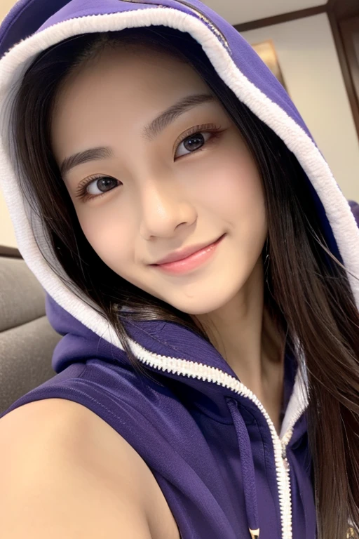 masterpiece, highest quality, 8k, Ultra-dense skin, Perfect Anatomy,Upper Body,cute, Chinese women,1 girl, Colorful long hair,Straight hair,Oily, shiny skin,hoodie,Chinese women,Young adorable Chinese face, Chinese women idol portrait,Chinese facial features, Korean Girls, 18-year-old,On the bed,Crossing your legs,Looking at the audience,Sharp focus,focus on,Devilish smile,double eyelid,Detailed face,Smooth Skin,Highly detailed eyes,Excited,Detailed Description,Sexy pose
