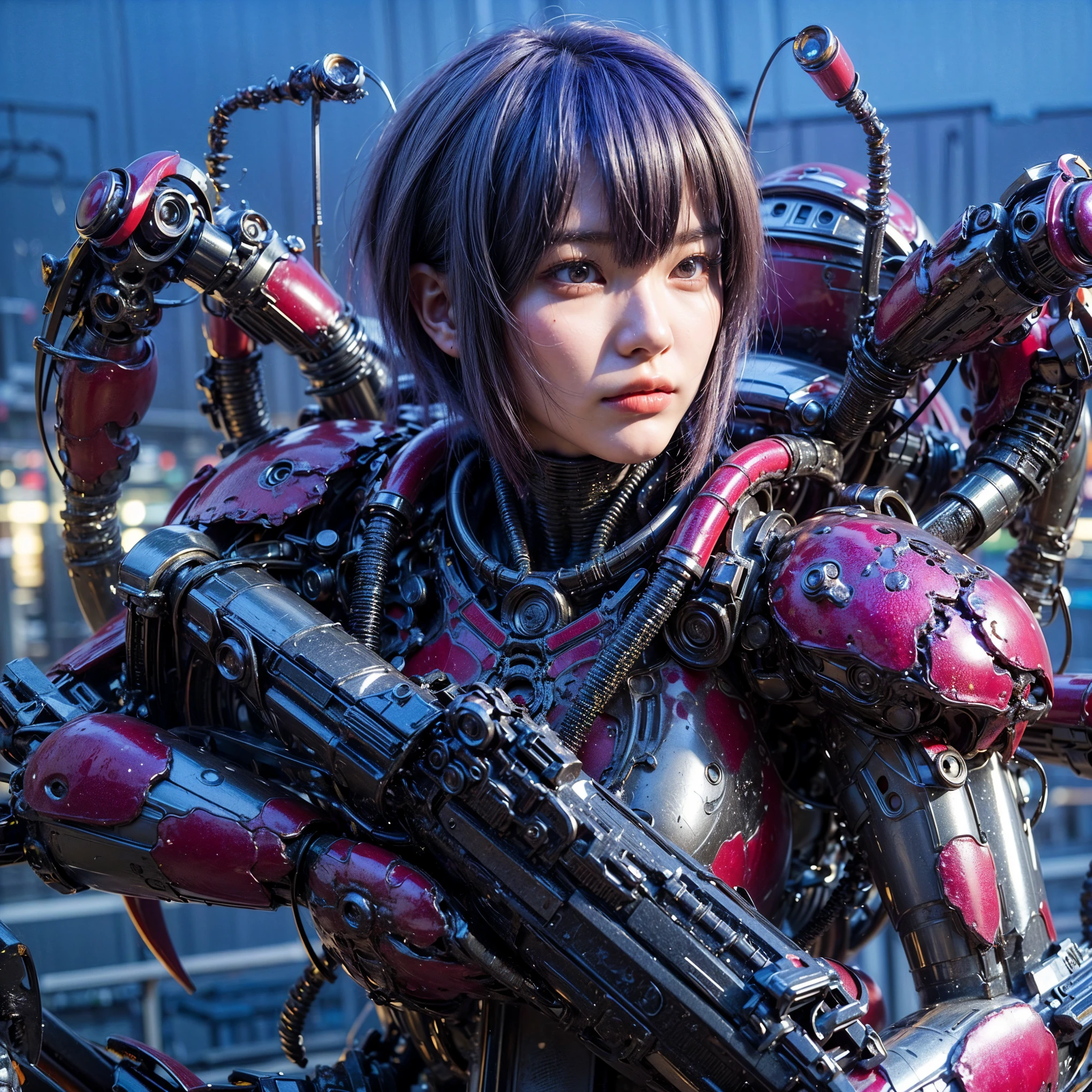 (top-quality:1.2, masterpiece), ultra high resolution, (Photorealsitic:1.4), (crab-base body), 1 Japanese female, extremely realistic face, (white hair), ((ultimately intricate all details)), (whole body picture), realistic shadow, octan render, glossy textures, character edge light, Details of complex ornaments, dystopia with a beautiful view at night, fighting pose