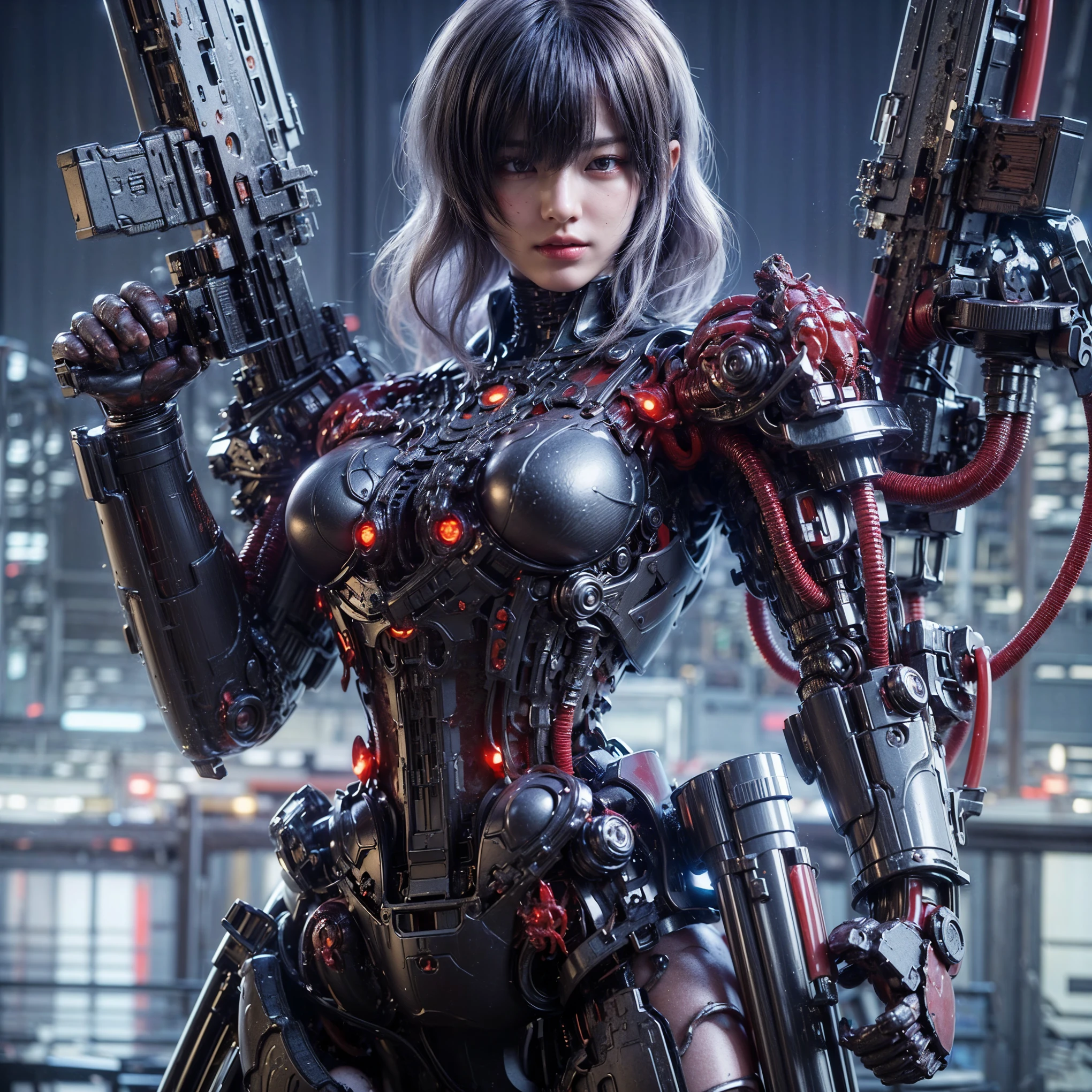 (top-quality:1.2, masterpiece), ultra high resolution, (Photorealsitic:1.4), (crab-base body),  1 Japanese female, extremely realistic face, (white hair), ((ultimately intricate all details)), (whole body picture), realistic shadow, octan render, glossy textures, character edge light, Details of complex ornaments,  dystopia with a beautiful view at night, fighting pose