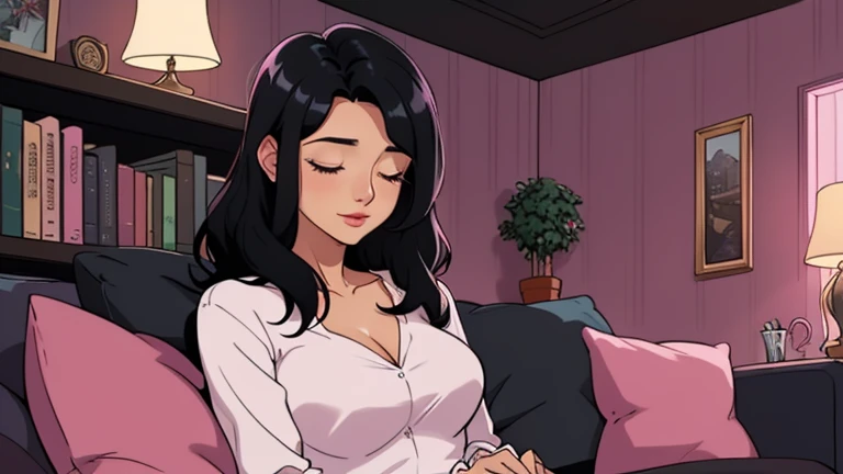 Beautiful woman in her 30s with black hair is sitting on the sofa with her eyes closed. Looking down, eyes closed, LOFI girl, alone in the room, V-neck blouse, cozy wallpaper, big cushion, bookshelf, beautiful flowers, relaxing mood, night core, cozy, wide glass window with skyscrapers, outside view at night, only five fingers, dark room, pink wall,