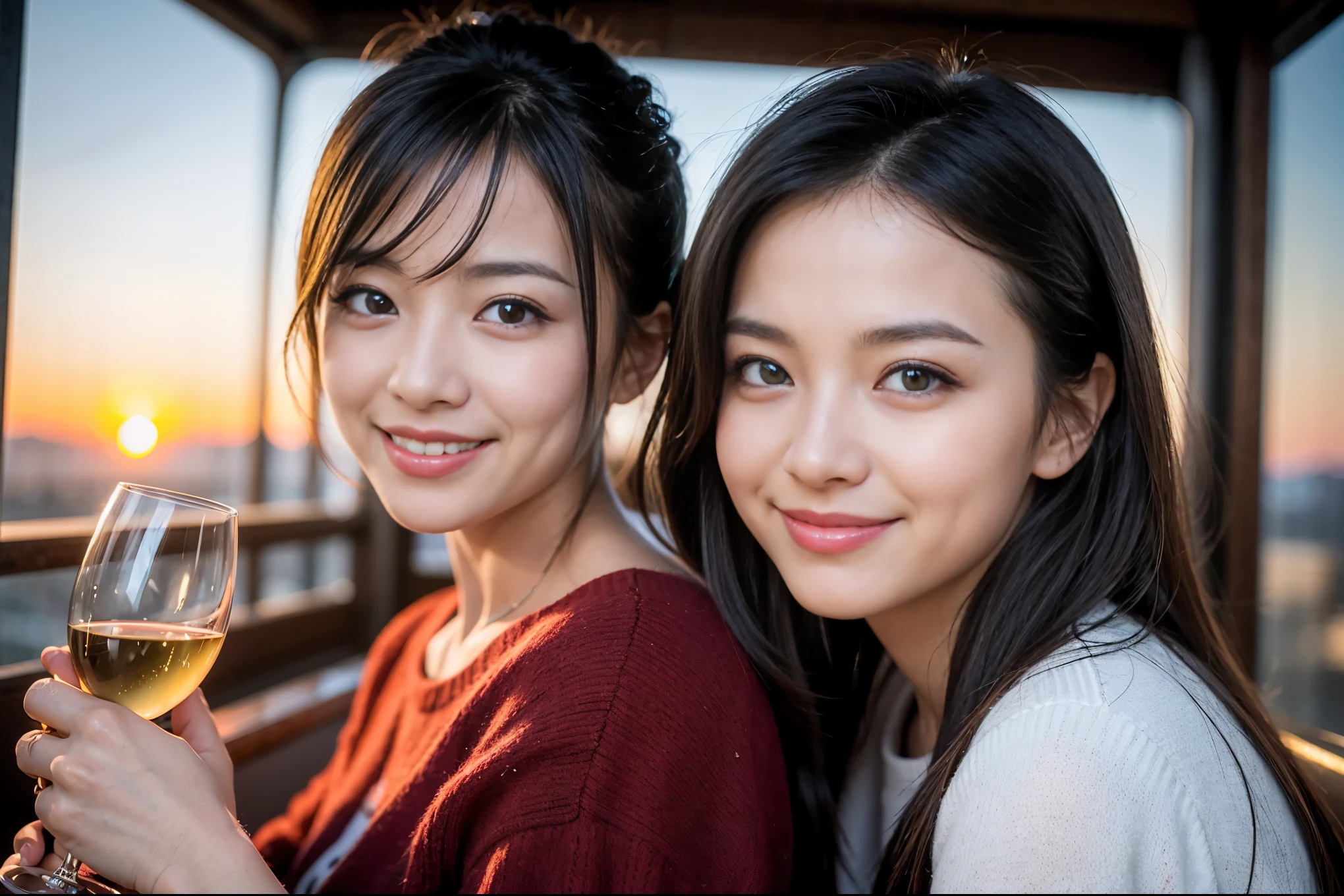 ((highest quality、8k、masterpiece:1.3))、1 male、1 female、Couple、Spouse、石原さとみ似美女Couple、The body is slim、((Bob Hale、Straight hair:1.2)), (Realistic, Intricate details:1.2), テーブルの上のwine glass、Put the light on your face、 Amazing view of the sunset sky and clouds、Amazing mountain views、A bright smile、The wonderfulness of smile、Bright image、The beauty of wine, Beautiful Face, blue eyes, The light shines on your face, Blushing, short hair,Bright Face、 (Age 35), 39 years old, red wine 、Appetizers、Italian food、Wine bottle、Champagne、sparkling wine、Two beauties、Brown Hair、Shortcuts、Long sleeve shirt、dress、Pretty Woman 1, (slimな顔), (The body is slim), (Brown Hair), (Shortcuts), cheeks turn a little red,Attractive beauty、restaurant, In a prominent place (From the waist up) Nova Frog Style, actress, model, Upper Body, White wine, slim, wine glass, 中央に置かれたwine glass, smile, (smile: 1.15), Beautiful fine grain, Depth f/2,saturation, High Contrast, Strong light and shadow,Moist Body:1.5、3D texture、Delicate eyes、Brown Hair、The hair is very shiny、