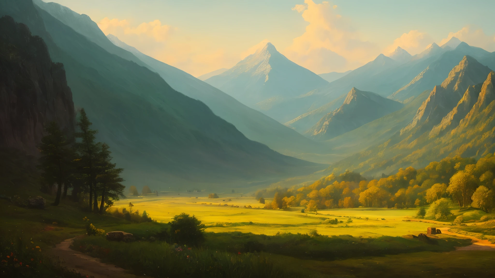 Landscape of the mountain , vintage, Dreamy, drawing, trending on artstation, UHD, (((Quentin de Warren))):1.8, Atmosphere, brightness