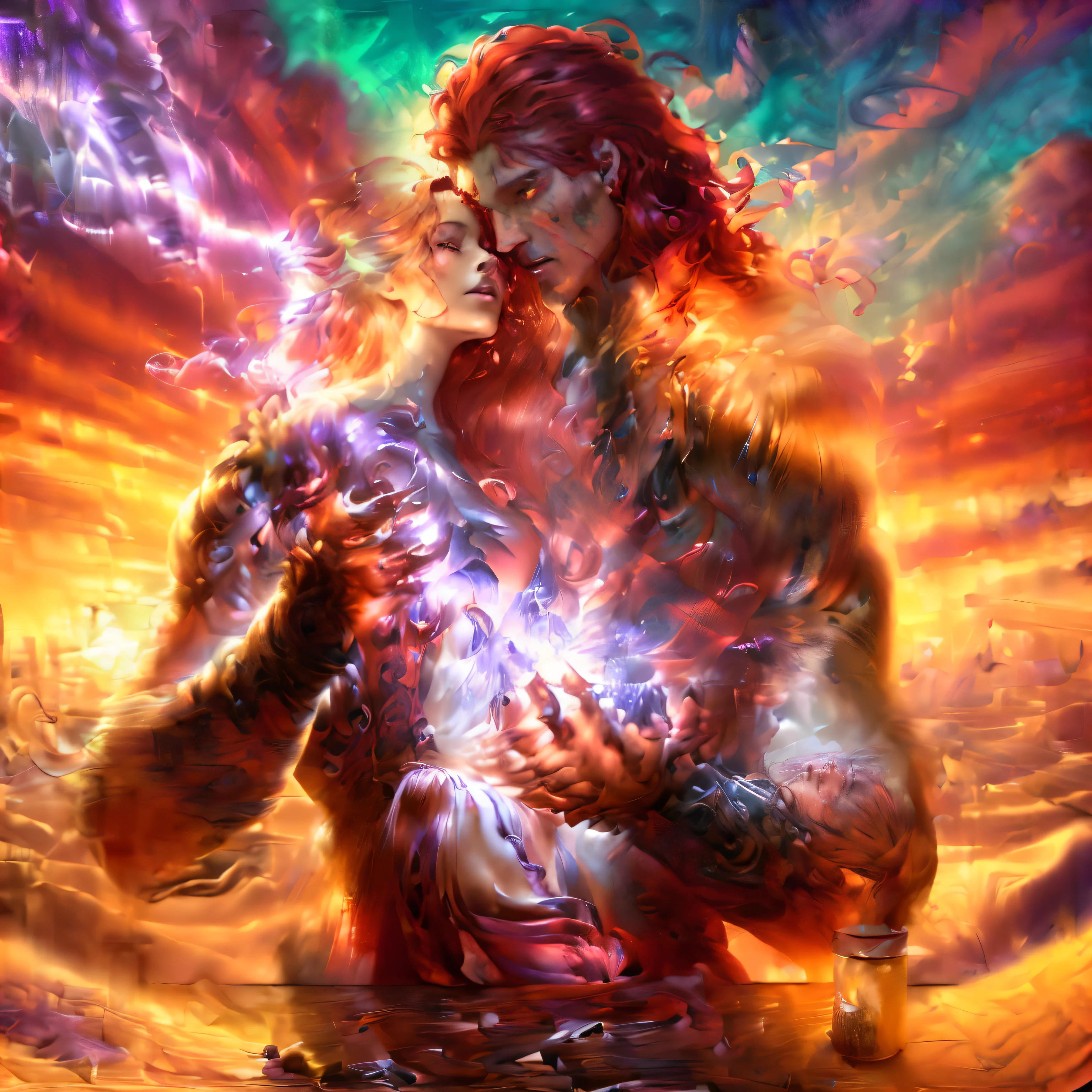 ((best quality)), ((masterpiece)), (detailed), ((Fantasy Realism)) (fantasy)
A detailed, emotional scene of a man (zyn) and a woman (ellara) with him pinning her to the wall with a hungry, primal look. The man has long, wavy crimson red hair and an athletic, muscular build, wearing a red silk shirt whos arms are covered in aged burn scars). The woman has long, curly auburn red hair with lavender blossoms in it, wearing an elegant purple dress. They look disheveled and are kissing passionately. They should be pressed against a long wooden table. The lighting is soft and warm, creating an intimate atmosphere.