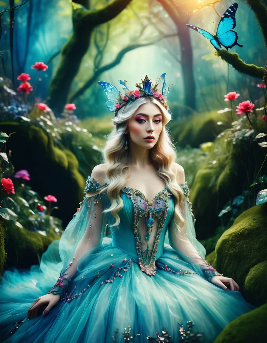 Fairy Queen，Enchanted Forest，artistic photography, style of Bella Kotak, a closeup shot of a fairy, whimsical landscapes and settings, intricate costumes and accessories, fairytale-like aesthetics, vibrant and saturated colors, dreamy and ethereal lighting, ultra hd, realistic, perfect composition, 8k