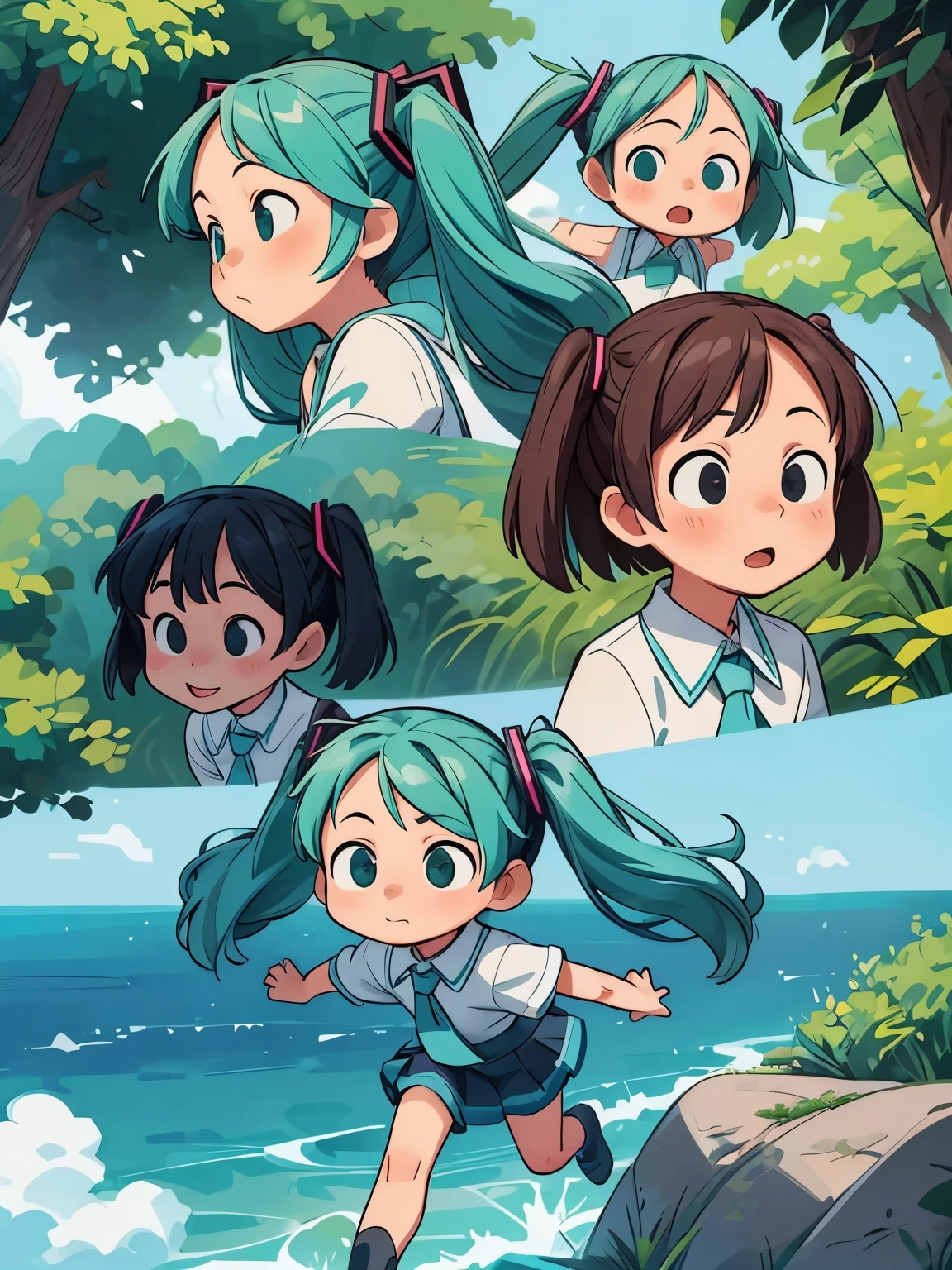 (masterpiece、highest quality、highest quality、Official Art、Beautiful and beautiful:1.2)、(One girl:1.3)Hatsune Miku、Twin tails,Big Breasts,{character_1}, {character_2}, and {character_3}, Each of them has its characteristic Movements and powers, like {Move_1}, {Move_2}, and {Move_3}. Playful and dynamic environmental scenes {setting}, With vivid colors and exaggerated expressions. While maintaining a sense of unity with the chibi character style、Incorporating elements from each anime world.