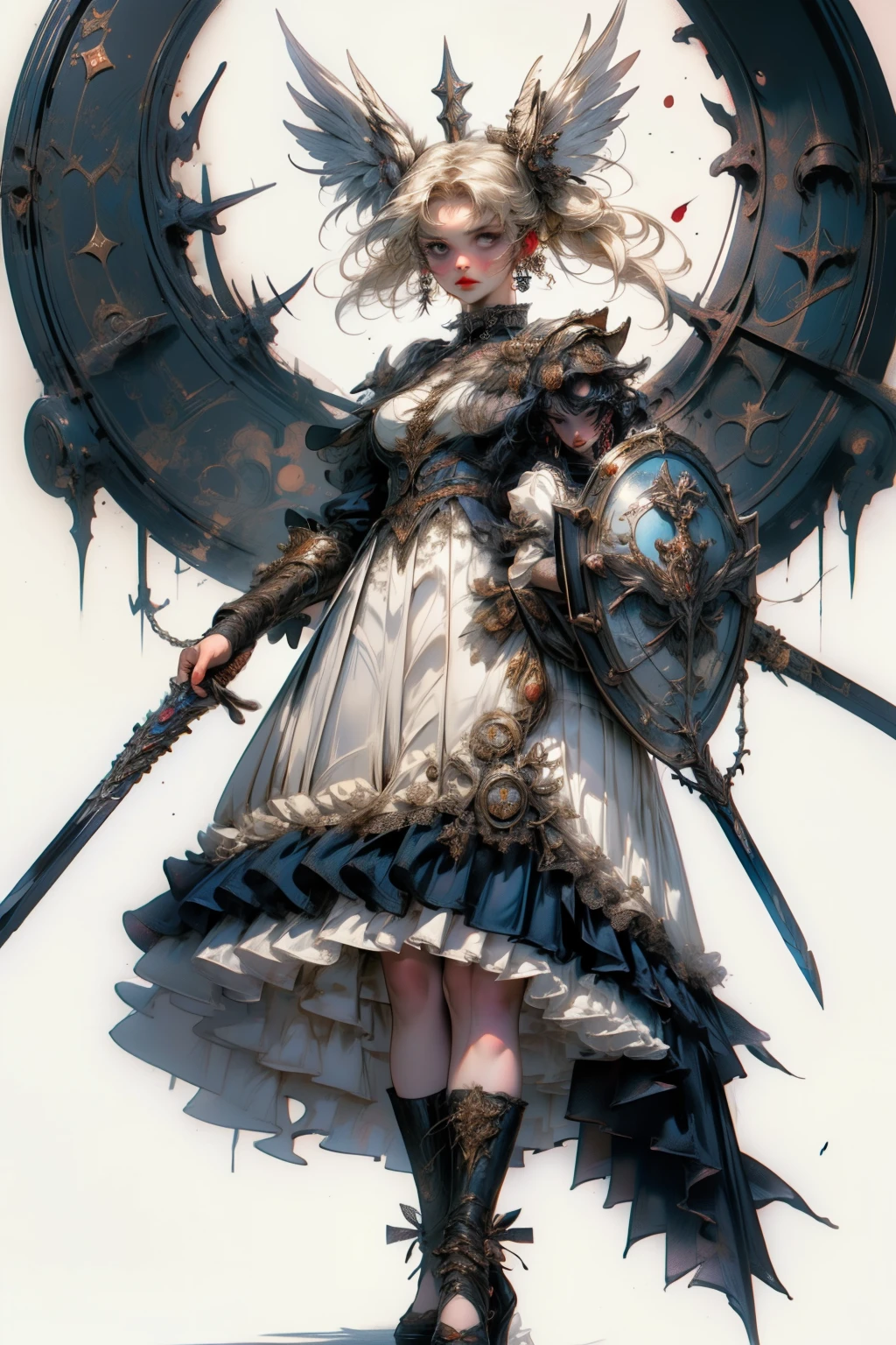 ((best quality)), ((masterpiece)), (detailed), blank white background, plain background, white background, Bloodborne inspired,  occult aesthetic, occult, detailed and intricate steampunk and detailed gothic, NSFW, Very dramatic and cinematic lighting, cosmic horror, grim-dark, side-lighting, perfect face, a beaituful goddess valkyrie adorned and enshrined in armour, Bloodborne inspired valkyrie, occult aesthetic valkyrie, occult valkyrie, detailed and intricate steampunk and detailed gothic valkyrie, wielding a sword and holding a shield, NSFW, Fluttering lace flared long knee length dress with frilly petticoats, knee length dress, pleated petticoats, lolita dress, petticoats gothic lolita, side-lighting, gothic lolita aesthetic, beautiful small breasts, small breasts, full body, whole body, body, plain background, white background, blank background, no background, white background NSFW, full body, whole body, head-to-toe