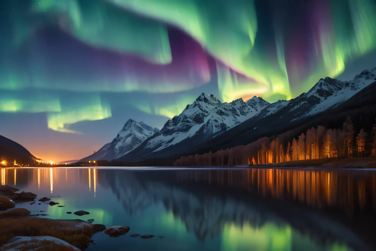 Aurora,Bob Ross Style,Painting,landscape painting,landscape,Oil paints,Soft brush strokes,Vibrant colors,Aurora,Night Sky,Twinkling Star,Mountain々,Snow-capped Mountain Peak,Water surface reflection,Peaceful atmosphere,Quiet environment,Warm color palette,Dramatic lighting,Serene beauty,Magical Glitter,Mysterious,Harmony and balance,Subtle textures,masterpiece:1.2,High resolution,Soft Transitions,Smooth Blending,Emotional,Atmospheric,Awe-inspiring,Majestic,Calm and soothing,Vibrant colors,Gentle movements,Sublime views