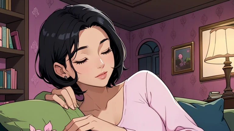 Beautiful woman in her 30s with short black hair is sitting on the sofa with her eyes closed. Looking down, eyes closed, LOFI girl, alone in the room, V-neck blouse, cozy wallpaper, big cushion, bookshelf, beautiful flowers, relaxing mood, night core, cozy, wide glass window with skyscrapers, outside view at night, only five fingers, dark room, pink wall,