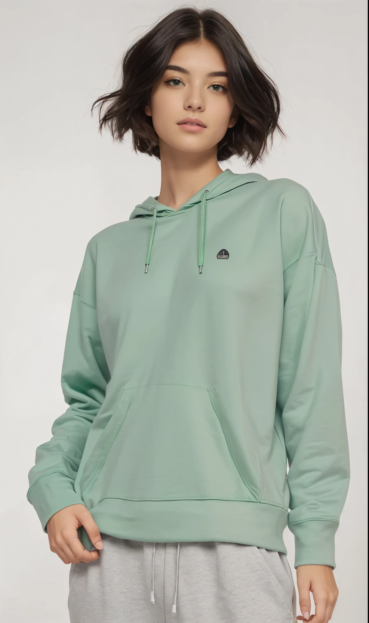 a woman wearing a green hoodie and gray sweatpants, vestindo moletom, Manga compridas, verde pastel, roupas verdes, casual roupas verdes, espuma do mar verde, wearing a green sweater, sage green, Roupa casual, Roupas Verdes, mangas volumosas, euro, verde silenciado, pale green glow, camisa verde, eucalipto, mangas bufantes, Manga comprida, com ombreiras
