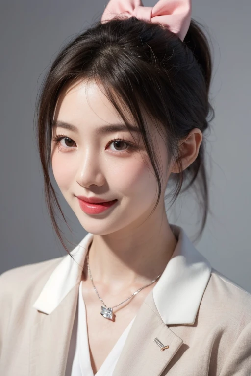 best quality,masterpiece,ultra high resolution,(lifelike:1.4),1 korean girl portrait,facial focus，the bottom，facing the audience， wearing white shirt，red bow tie，Gray blazer，Wearing a silver necklace around the neck，ponytail，charming neck，charming smile，short hair，hair tied up，in studio, Soft pink background