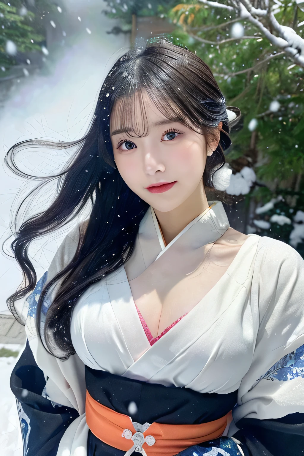 (Kimono)、、(top-quality,masterpiece:1.3,超A high resolution,),(ultra-detailliert,Caustics),(Photorealsitic:1.4,RAW shooting,)Ultra-realistic capture,A highly detailed,high-definition16Kfor human skin、 Skin texture is natural、、The skin looks healthy with an even tone、 Use natural light and color,One Woman,japanes,,kawaii,A dark-haired,Middle hair,(depth of fields、chromatic abberation、、Wide range of lighting、Natural Shading、)、、(Falling snow:1.3)、(Hair swaying in the wind:1.3)、(Snow reflects light:1.3) 、(Large Breasts:1.3)、