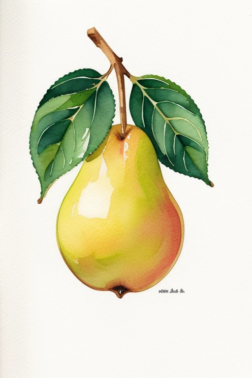 pear and leave on the white surface, pear, illustration!, illustration, watercolor illustration, comics, illustration,cute