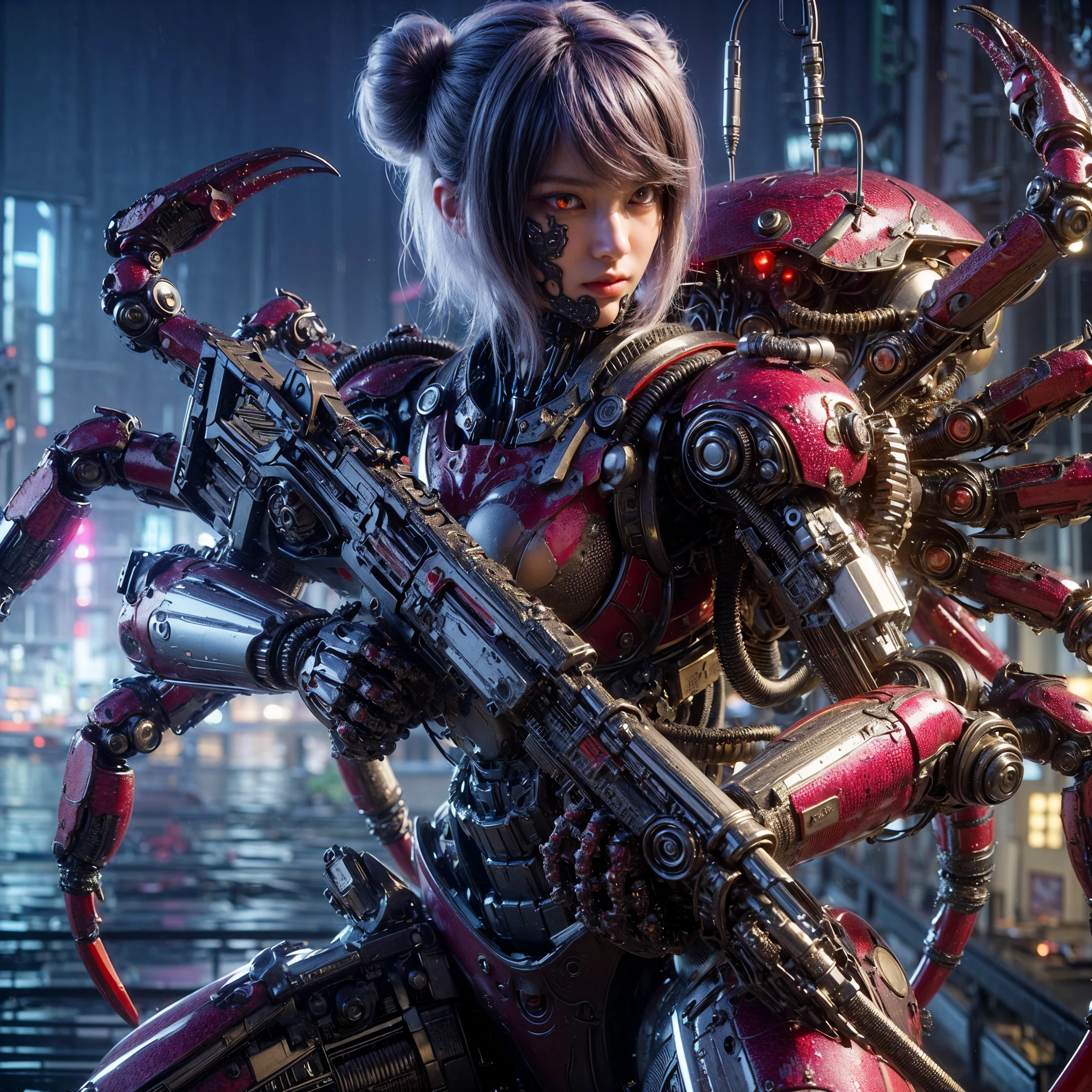 (top-quality:1.2, masterpiece), ultra high resolution, (Photorealsitic:1.4), (crab-base body), 1 Japanese female, extremely realistic face, (white hair), ((ultimately intricate all details)), (whole body picture), realistic shadow, octan render, glossy textures, character edge light, Details of complex ornaments, dystopia with a beautiful view at night, fighting pose
