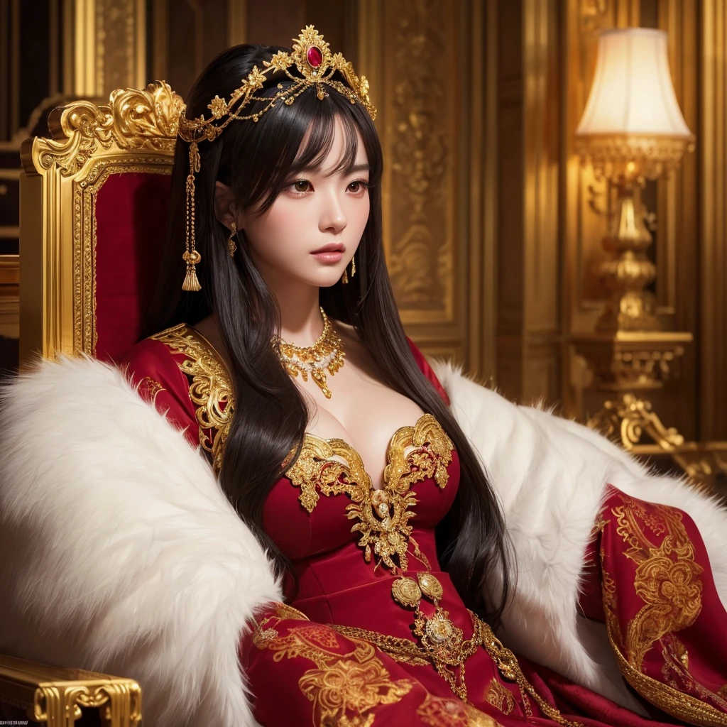 a beautiful japanese woman with long black hair sitting on a golden throne, wearing a very large ornate crown, with a very large bust, wearing a luxurious red dress, also wearing a white fur robe, extremely detailed and realistic face, extremely detailed eyes, beautiful detailed lips, long eyelashes, (best quality,8k,highres,masterpiece:1.2),ultra-detailed,(realistic,photorealistic,photo-realistic:1.37),dramatic lighting, fantasy, intricate details, royal, opulent, dramatic, elegant, cinematic, rich colors, warm tones