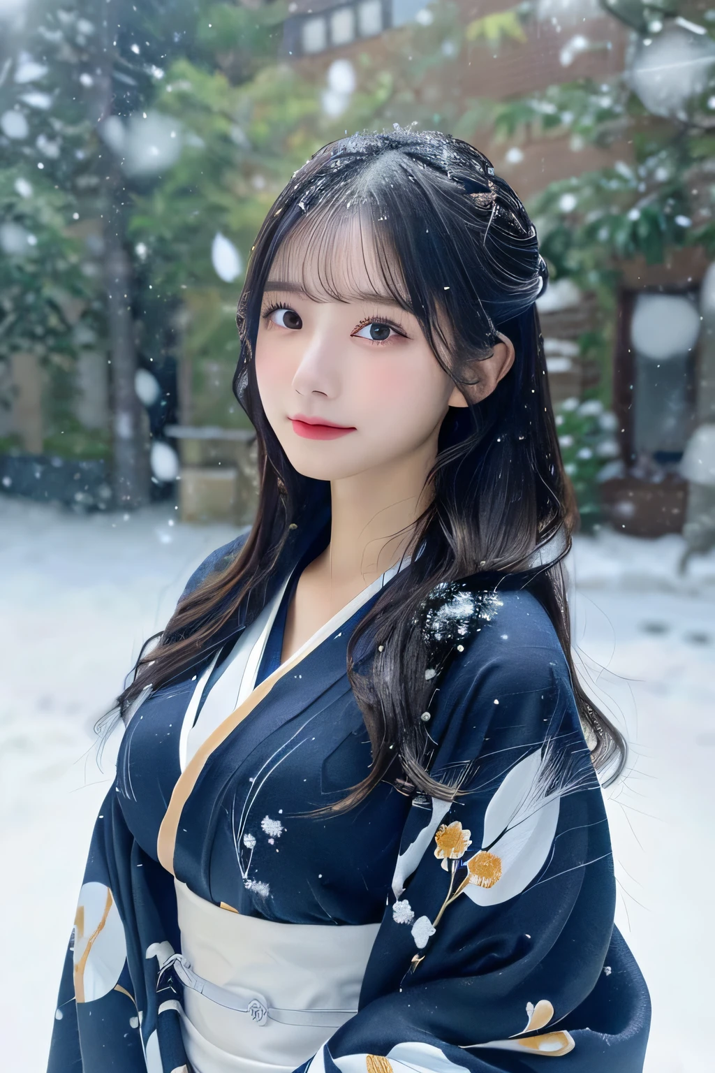 (Kimono)、、(top-quality,​masterpiece:1.3,超A high resolution,),(ultra-detailliert,Caustics),(Photorealsitic:1.4,RAW shooting,)Ultra-realistic capture,A highly detailed,high-definition16Kfor human skin、 Skin texture is natural、、The skin looks healthy with an even tone、 Use natural light and color,One Woman,japanes,,kawaii,A dark-haired,Middle hair,(depth of fields、chromatic abberation、、Wide range of lighting、Natural Shading、)、、(Falling snow:1.3)、(Hair swaying in the wind:1.3)、(Snow reflects light:1.3)  、(Large Breasts:1.3)、