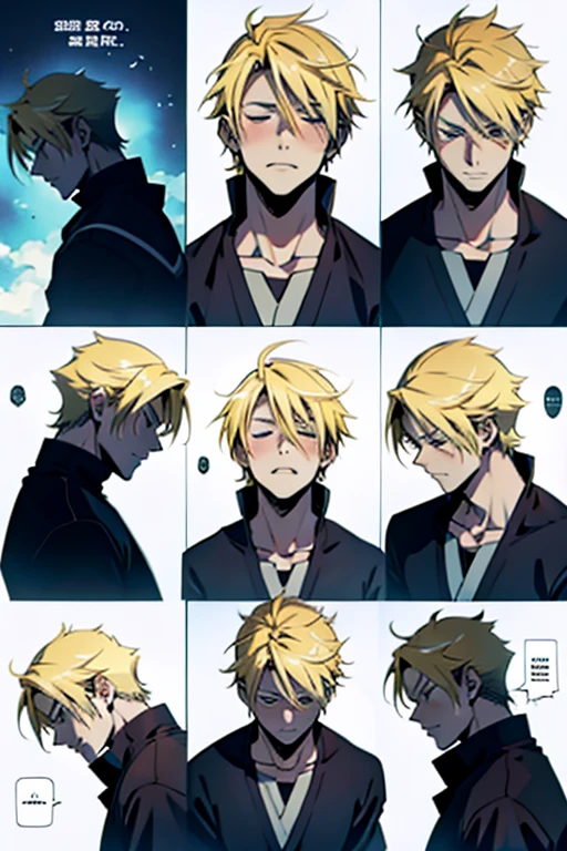 Anime guy with blonde hair crying a lot, manga page with panels and dialogue