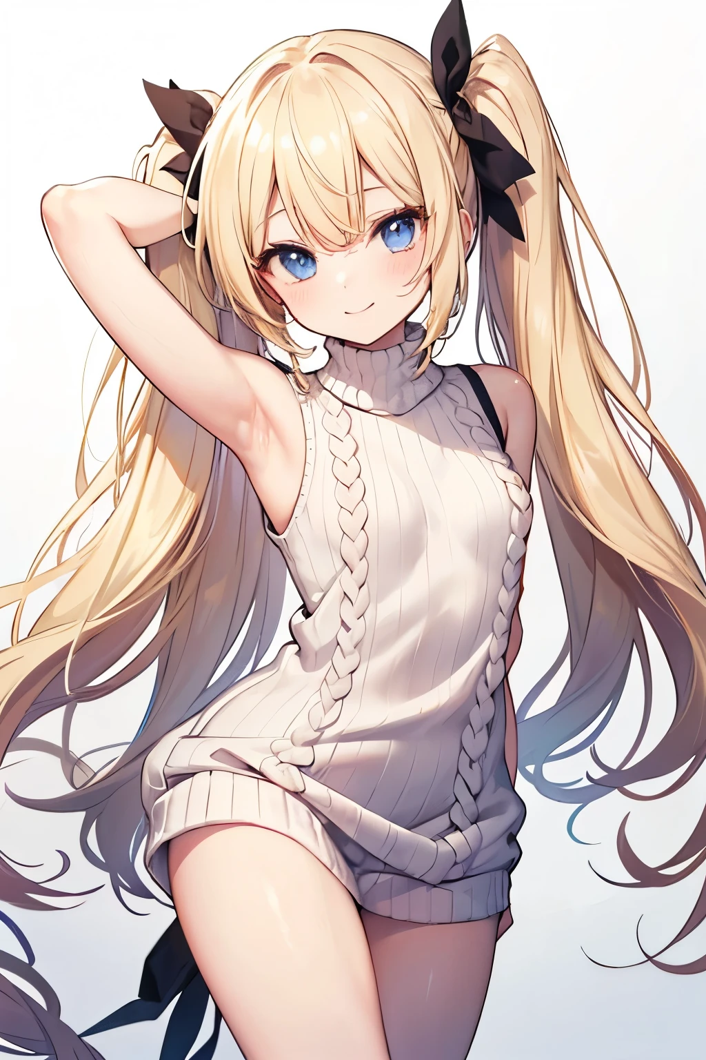 Blonde、blue eyes、girl、Small breasts、Twin tails、girl、Small breasts、Lolita、Bright smile、Looks about 、Petan Musume、short、目のhighlight、Sexy thighs、(length, High neck, Sleeveless sweater:1.3)、Show your armpits、Your eyes are so beautiful、highlight